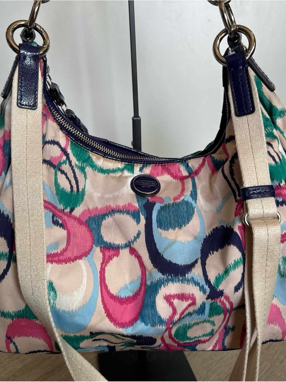 Coach Multicolor Signature C Pattern Shoulder Bag with Navy Trim